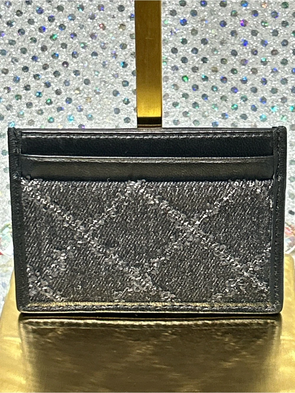 Kurt Geiger Black Quilted Card Case with Metal Logo Plaque Approximately 5 x 4